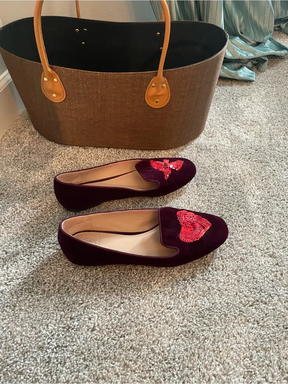 Tory Burch Velvet Embroidered Loafers in Deep Burgundy with Red Motif